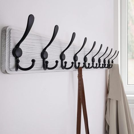 Porte Manteau Mural Bois Blanc, Le Style Rustique, 98cm Longue,Grand Porte-manteau Mural avec 10 Crochets Triples Pour suspendre sac à dos, veste, chapeau (1/4)