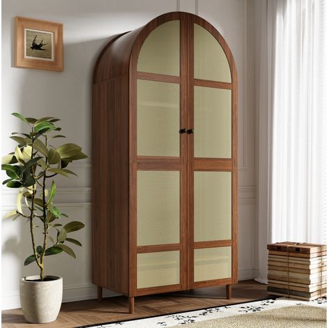 Armadio 80x50x179 cm con cassetto e asta appendiabiti, ante in rattan, piedini stabili, MDF color noce. (1/5)