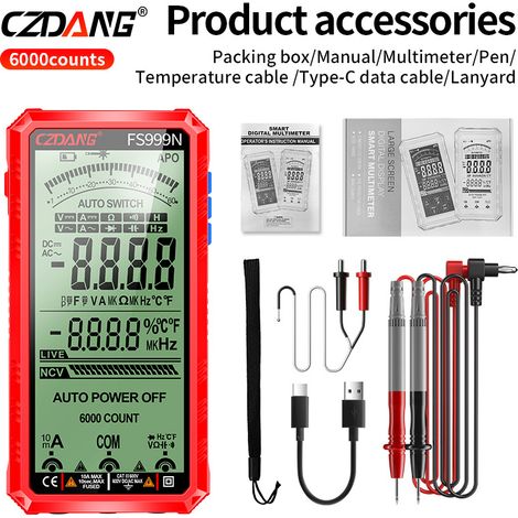 Multimètre Numérique Intelligent Rechargeable CZDANG FS‑999N, Écran Plein Format, 6000 Comptages, Détection NCV, Lampe LED, Boîtier Antichoc