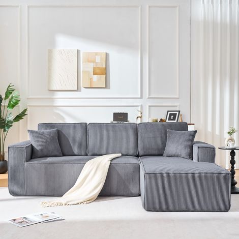 Divano angolare a L in velluto a coste grigio, modulare, 2 posti con chaise longue, OKWISH (1/5)