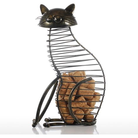 Katzen-Weinkorkenbehälter aus Eisen, Skulptur, Tier-Metallskulpturen