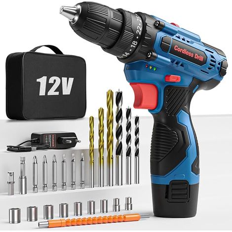 Foreuse sans fil 12 V avec sac et 25 accessoires, batterie de 2000 mAh, 25 Nm, 25 + 1 réglage de couple, 2 vitesses, lumières LED, perceuse et pilote pour bricolage à domicile (1/5)