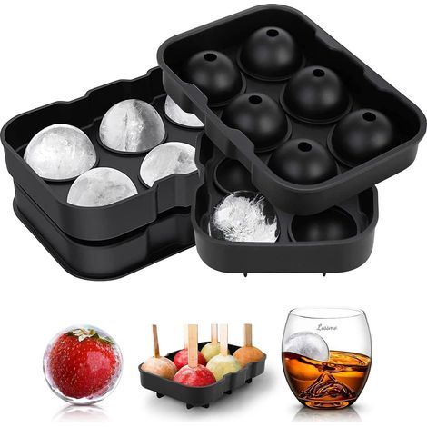 Giant Ice Cube Round Tray, 2 Packs of XXL Silicone Ice Cube Molds with Crank and Funnel, BPA Free and FDA Approved, Black, for Whiskey, Cocktails and Baby Food (1/5)