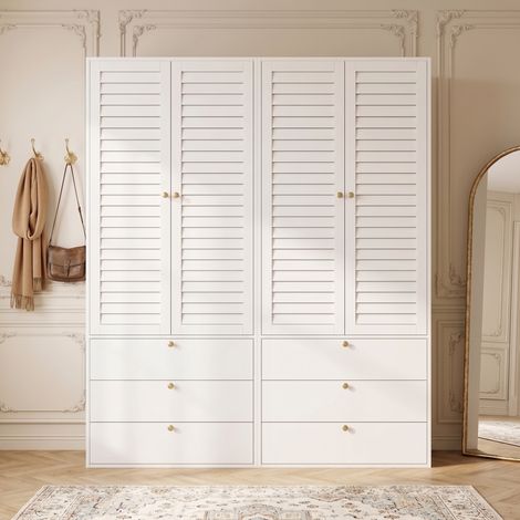 Kleiderschrank 180x50x200 cm, vier Türen, Lamellenfronten, 6 Schubladen, Spanplatte, Weiß (1/5)