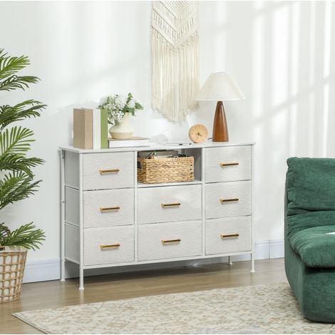 Commode de rangement 8 tiroirs textile crème blanc avec charge USB pour chambre - CHICFURN (1/5)