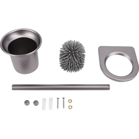 Brosse WC murale avec support de rangement, en alliage d'aluminium, à long manche, grise, pour salle de bain. (1/5)