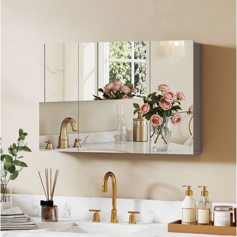 Mueble de baño mural con espejo, 3 puertas, estantes regulables, gris OKMYHOME (1/5)