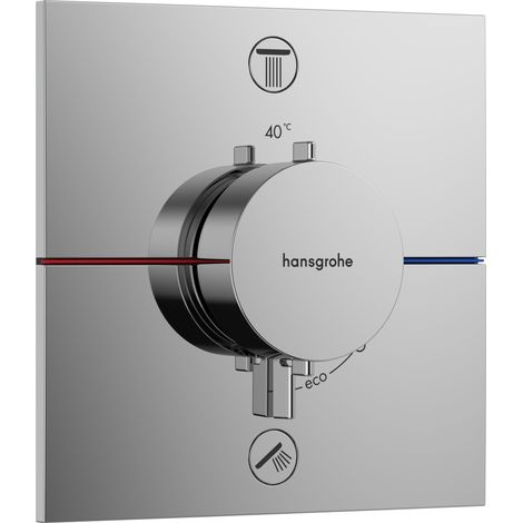 Mitigeur thermostatique incl. combinaison de sécurité intégrée, Robinet encastré avec arrêt de sécurité à 40°C, Thermostat carré, 2 sorties, Chromé (1/5)
