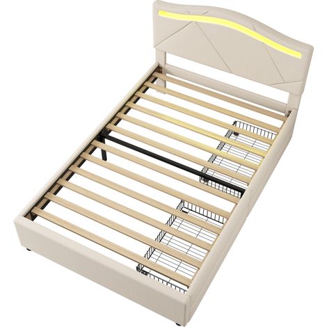 Polsterbett 90x200 cm aus beigem Leinen mit LED, 2 Schubladen, verstellbarem Kopfteil (1/5)