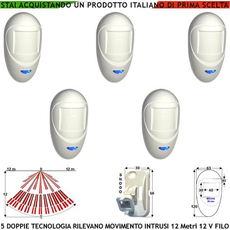 Doppia Tecnologia Grandangolo 5 Sensori di Movimento x Allarme Portata 12 MT da Interno Rilevano Intrusi Alim. 12 V Assorb. 40 mA Lente Infrarosso 18 Fasci su 4 Piani ERS Contenitore Bianco Snodo ABS (1/4)