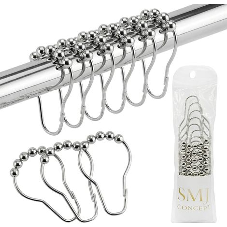 Lot 12 Anneaux Rideau Douche Inox, Billes Glissement, Tringles 25-32mm, Salle De Bain (1/5)