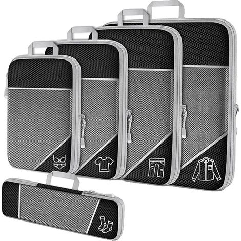 Organizer portaoggetti, set da viaggio composto da 5 cubi, design comprimibile, 5 pezzi, nero (1/2)