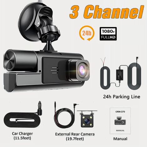 (Carte SD 32 Go, 3 objectifs, kit de câblage) Caméra embarquée DVR 1080p avec vision nocturne et enregistrement de stationnement 24h/24 (1/5)