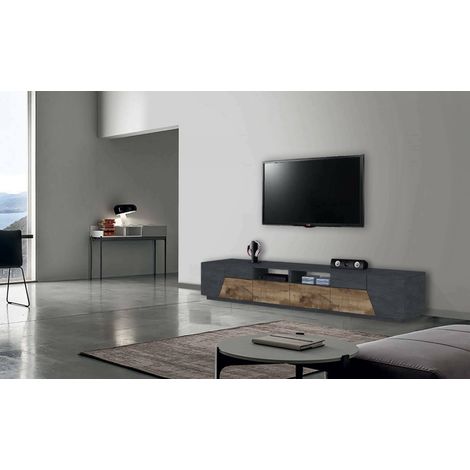 Dmora - Mueble de televisión Dfagiol, Aparador bajo para salón con 4 puertas, base soporte TV, 100% Made in Italy, cm 260x43h46, Pizarra y Arce (1/5)