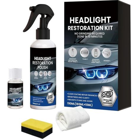 Headlight Restoration Kit Spray,Renovateur Phare Voiture,No Tools Needed,Restores Clarity in Minutes Like New,Fast & Easy Headlight Cleaner & Restorer,Removes Yellowing & Oxidation,Gloss Finish,190ML (1/5)
