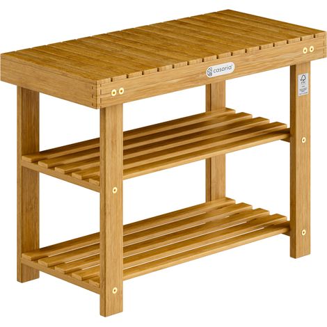 CASARIA® Schuhregal mit Sitzfläche Holz Massiv 160kg Belastbarkeit FSC®-Zertifiziert Akazie 3 Ebenen Flur Bad Schuhbank Sitzbank Schuhschrank Braun  L - 70x30x46cm (1/5)