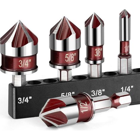 5-teiliges Bohrer-Set, hochwertiger 82°-Senkbohrer, 5 Schneiden, Schnellwechsel-Sechskantschaft, 6,35 mm bis 19 mm, für Holz, Metall und Kunststoff (1/4)