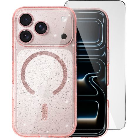 Custodia per iPhone 17 Pro Max, bordo glitterato MagSafe, rosa + vetro (1/5)