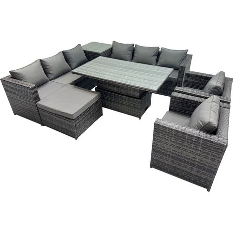 Fimous 9 Seater Outdoor Corner Sofa Height Adjustable Rising Lifting Table Set Garden Rattan Furniture Set with Side Table Big Stool Dark Grey (1/5)