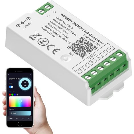 SEZO C04W RGBW Contrôleur LED WiFi Bluetooth Contrôle de groupe Compatible avec Alexa Google Home/Tuya Smart Life APP Contrôle Fonctionne avec LM091 LM096 WR01RF Télécommande DC12-24V (1/5)