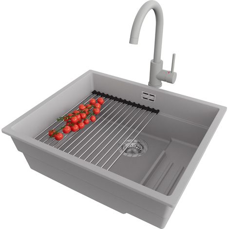PRIMAGRAN Evier Cuisine en Granit 56x47cm, Lavabo 1 bac + Robinet 32x20cm + Kit de Vidage + Accessoire, Évier à Encastrer au meuble 60cm - Prague Slim, Gris (1/5)