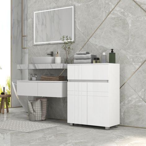 Meuble de rangement pour salle de bain sur pied placard 2 portes 1 tiroir, étagère régable, blanc laqué (1/5)