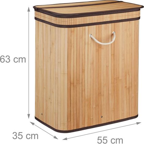 Panier à linge couvercle 2 compartiments 72 litres bambou (1/5)