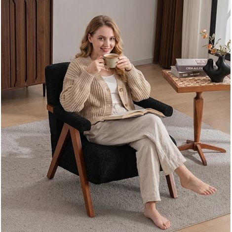 Fauteuil d'appoint avec structure en chêne massif, revêtement bouclé jaune pour salon et chambre (1/5)