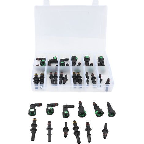 Pack of 36 SAE quick-release fuel hose fittings 9.89 mm, 9.49 mm, 7.89 mm, 6.3 mm, straight and angled connectors, for car, motorcycle, boat ID8 mm, ID6 mm, ID3 mm (9 sizes) (1/5)