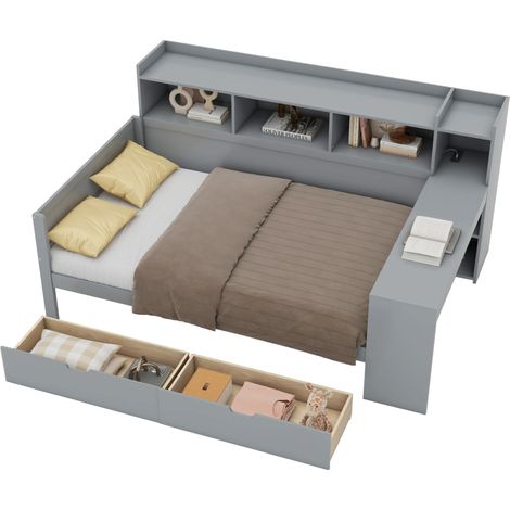 Lit 90 x 200 cm avec bureau, rangement et 2 tiroirs, prises USB intégrées, panneau de particules et MDF, sans matelas, gris, idéal pour chambre ado  CHICFURN (1/5)