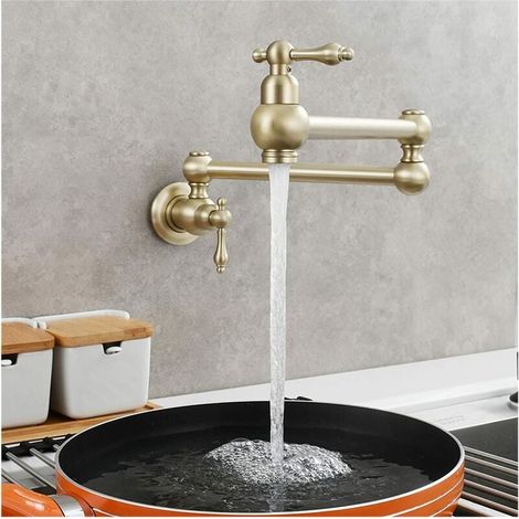 Grifo de cocina plegable de latón con caño giratorio, grifo de agua fría, mezclador de cocina, grifo mural con brazo giratorio, doble junta, montaje de un solo orificio, dorado cepillado (1/5)