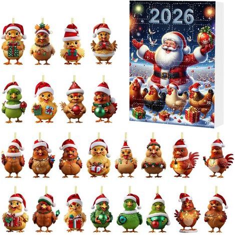 Acryl-Anhänger mit Weihnachtshuhn-Motiv, Adventskalender in Überraschungsbox, 24-tägiger Countdown, Weihnachtsbaumschmuck, Hängedekoration, H-Stil (1/4)