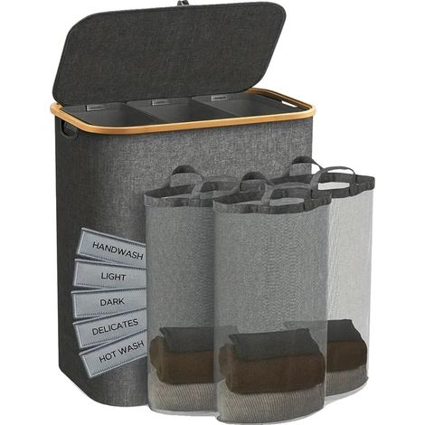 Panier à linge, sac amovible, design gain de place, GRIS, 160L (1/2)
