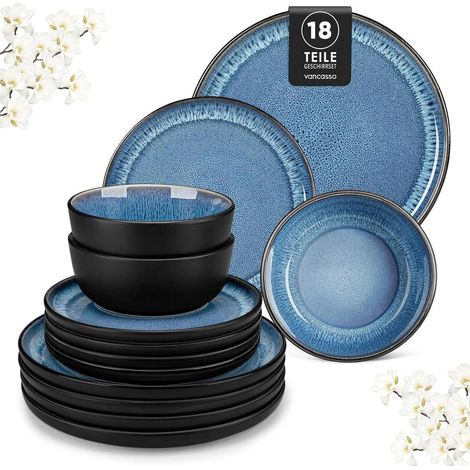 Geschirrset 6 Personen Steingut blau 18 Teile Set Blau (1/5)