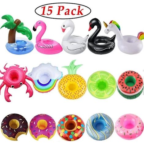 /EA/PPIAO Porte-gobelets gonflables, lot de 15, flotteurs pour boissons, sous-verres gonflables flamants roses pour fête à la piscine, avec pompe à air (1/2)
