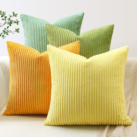 Lot de 4 Housse de Coussin en Velours Côtelé Décoratif Canapé Taie d'oreiller Doux Decoration pour Maison Salon Chambre Canapé Décoration 60x60cm (Jaune Vert) (1/5)