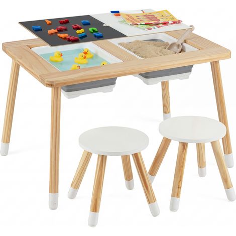 Table et Chaises pour Enfants avec Plateaux Réversibles Amovibles & 2 Bacs de Rangement, Pieds Solides en Pin, avec 2 Tabourets pour Enfants 3 Ans+ (1/5)