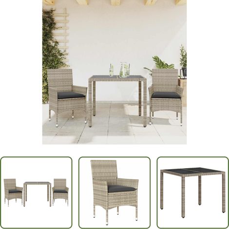 Gartenessgruppe - 3-tlg. Garten-Essgruppe mit Kissen Hellgrau Poly Rattan Glas (1/5)