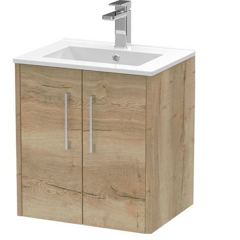 Winshill Contemporary 2 Door Wall Hung Vanity Unit with Minimalist Basin, Light Oak, 500mm