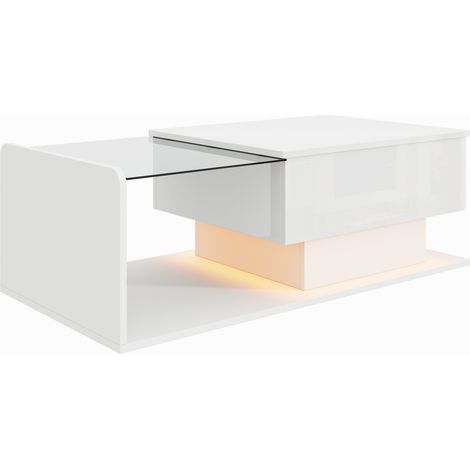 Tavolino da caffè bianco lucido con piano in vetro temperato, struttura sollevabile e LED, MODENUIT (1/5)