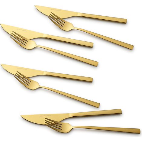 set de couverts à pizza, set de couverts à steak, set de table 8 pièces pour max. 4 personnes, avec 4 couteaux à pizza et 4 fourchettes à pizza en acier inoxydable, Gold Edition, EW-PK-2207G (1/5)