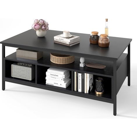 COSTWAY Industrial 3-Tier Coffee Table Rectangular Center Table w/Shelf-Black (1/5)
