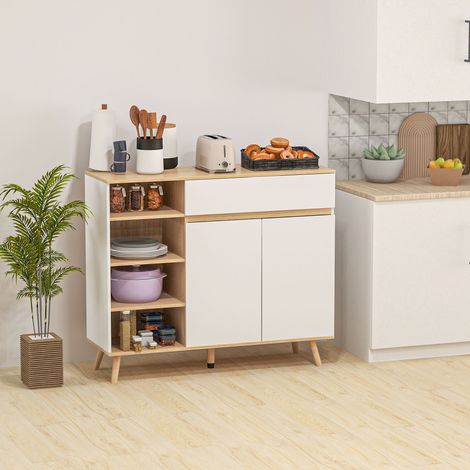 Buffet meuble de rangement cuisine style scandinave 1 placard double porte 1 tiroir et 4 niches étagères réglables blanc - Modèle
