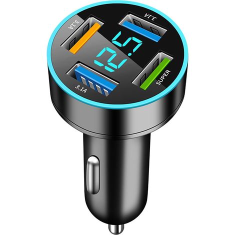 4 Ports USB Car Cigarette Lighter Charger with LED Voltmeter, Compact and Lightweight Fast Charging Adapter, Advanced Security, Compatible with Phone, Android, Pad (1/5)