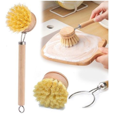 Brosse à Vaisselle en Bois Haut de Gamme, Brosses à Vaisselle avec 2 Têtes de Rechange, Set de Brosses de Nettoyage avec Poils Naturels en Fibre Écologique pour Cuisine et Salle de Bain