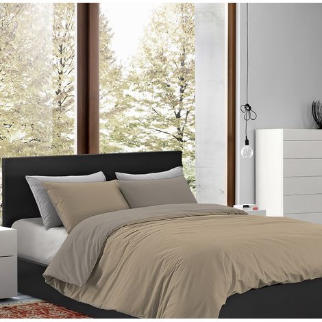 Parure Copripiumino in Flanella Felpato Prodotto Italiano Bicolore Sacco e Federe Double Face 100% Cotone Antipilling Tortora-Beige - Singolo (1/3)