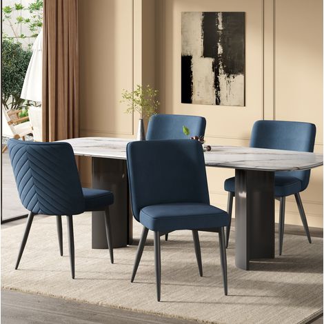 Lote de 4 sillas de comedor en terciopelo con respaldo de motivo decorativo azul oscuro (1/5)