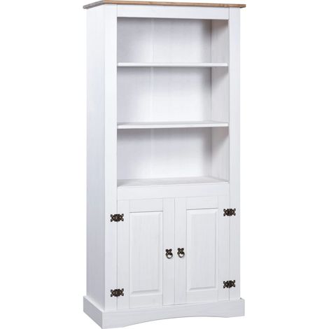 Armoire de rangement 2 portes 3 étagères pin massif blanc et bois clair Harrie (1/5)