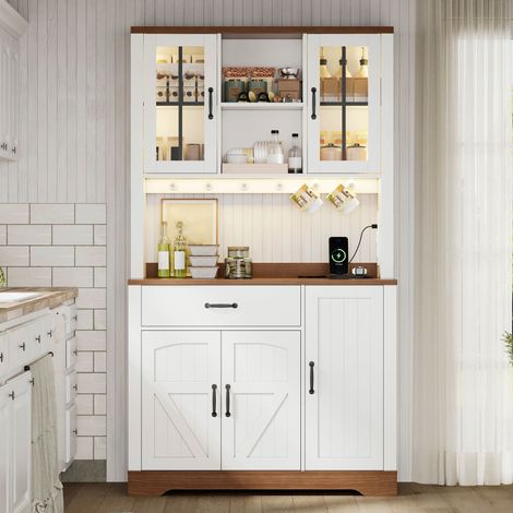 Armoire haute de cuisine style grange, meuble de rangement vintage avec étagères réglables, tiroirs, crochets en acier inoxydable, éclairage LED à couleur changeante et prises, 185 × 105 × 40 cm. (1/5)