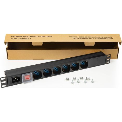 Multiprise de Rack avec Interrupteur Lumineux et 6 Prises universelles/Schuko et Italiennes tripolaires UNEL 2P+T 16A avec connecteur mâle C20, Dimensions 48,5 x 4,5 x 4,5 Alettes (1/5)